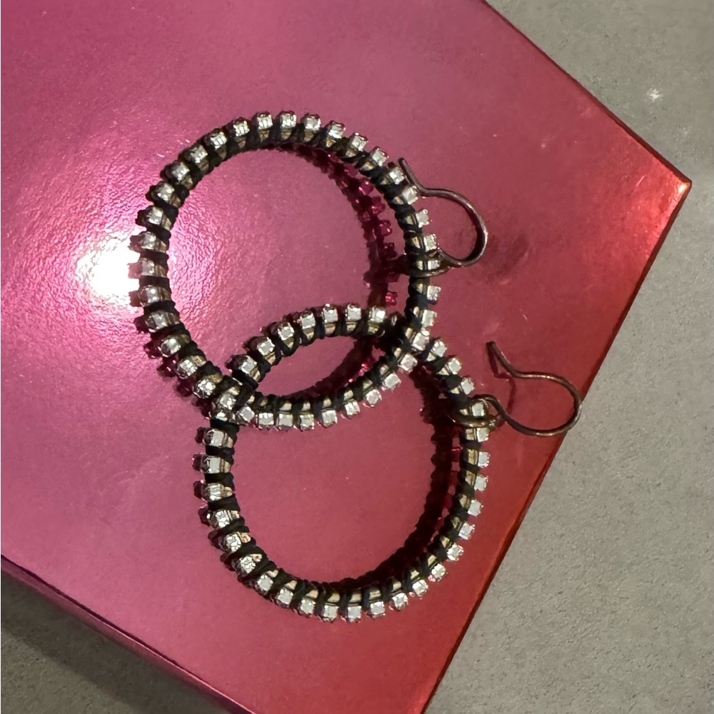 Saks Fifth Avenue Black and Silver Diamond Dangle Hoop Earrings